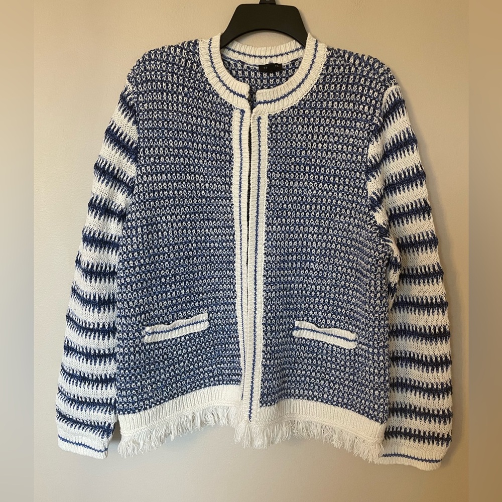 Talbots Mixed Texture Jacket Cardigan Blue White Striped Sweater Fringe XL - Picture 3 of 8